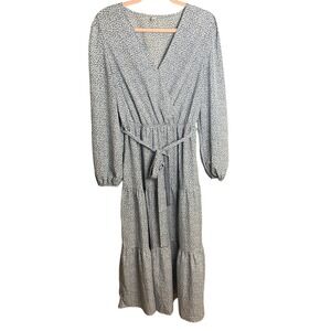 Blue White Animal Print Tiered Wrap Maxi Dress Cottage Parties Long Sleeve Large